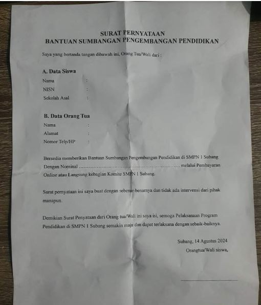 Surat Pungli SMPN 1 Subang